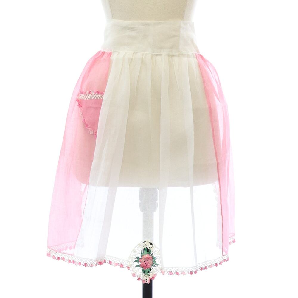 Vintage 60s Pink & White Sheer Crochet Trim Waist Apron Home Sewn